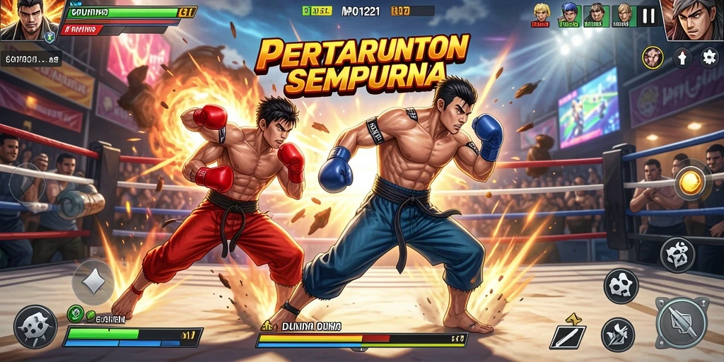 Screenshot MPO1221 menampilkan aksi pertarungan mendebarkan dengan karakter yang beragam.