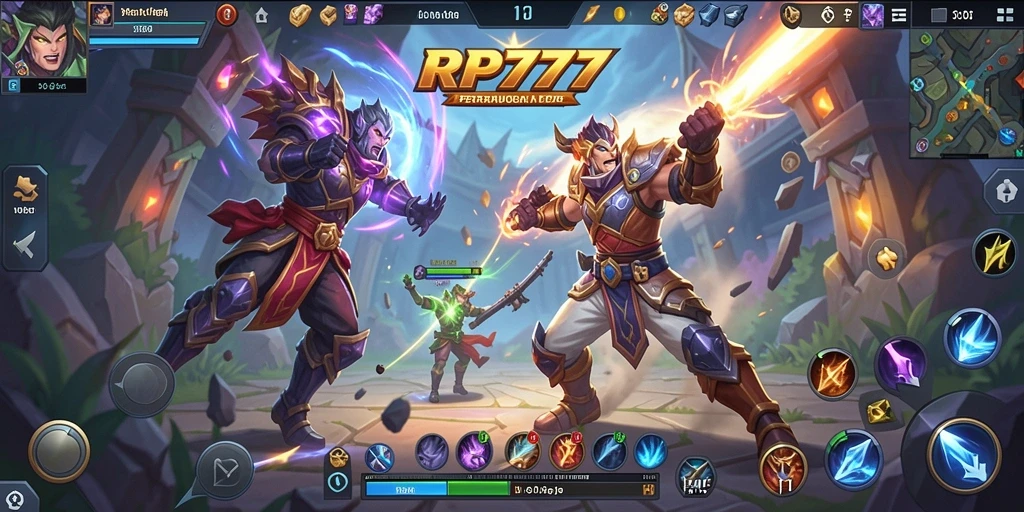 Tangkapan layar gameplay RP777 yang menunjukkan aksi pertarungan MOBA.